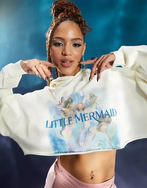 Белое укороченное худи с лицензионным графическим принтом ASOS The Little Mermaid