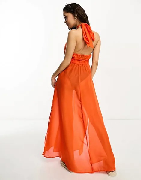 Ярко-оранжевое пляжное платье макси с перекрещенным воротником Vero Moda Petite