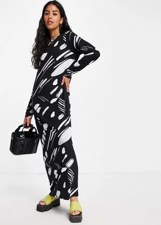Черное платье-футболка макси с абстрактным принтом и длинными рукавами ASOS DESIGN-Черный цвет