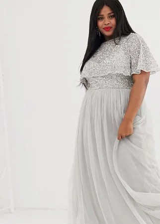 Серебристое платье макси с кейпом и отделкой Maya Plus-Серый