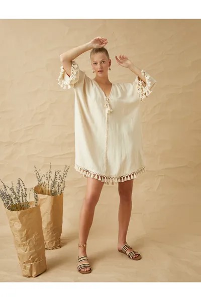 Платье-туника с кисточками из льняной смеси Koton, экрю