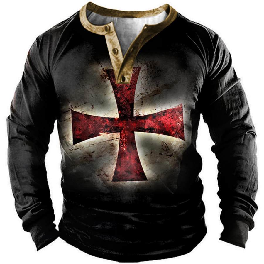 Мужская футболка с длинным рукавом Henley с принтом Templar Cross на открытом воздухе