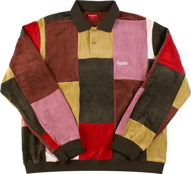 Лонгслив Supreme Patchwork Velour Long-Sleeve Polo 'Dark Olive', зеленый