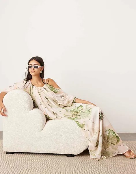 Шифоновое платье макси с открытой спиной и драпированными плечами ASOS Edition – с крупным цветочным узором