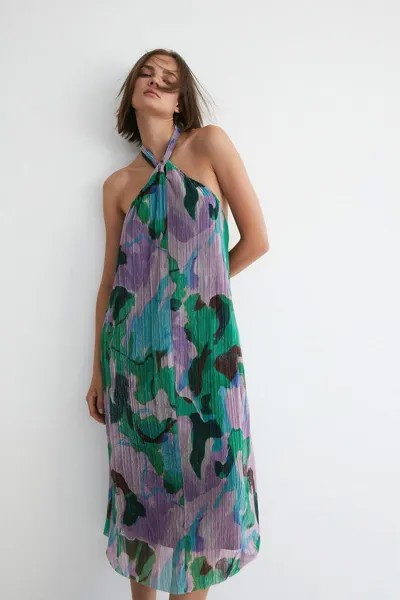 Платье миди с плиссировкой и абстрактным вырезом металлик и закрученным вырезом Warehouse, зеленый