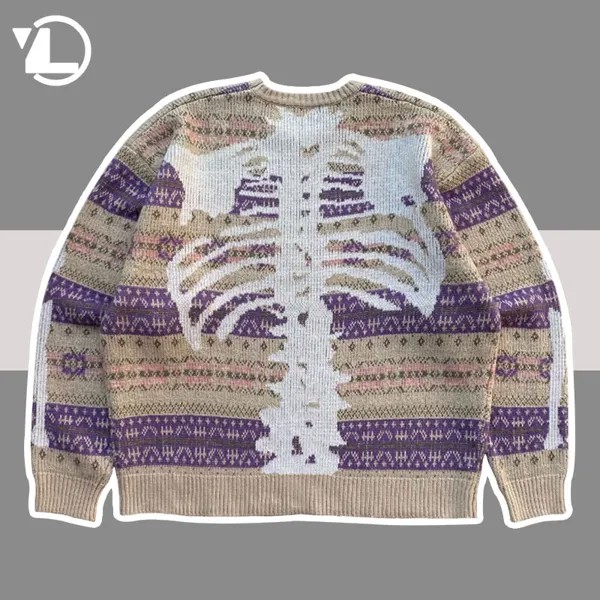 Мужские свитера с вышивкой скелета, винтажные пуловеры 1:1, мужские мешковатые теплые вязаные свитера в стиле хип-хоп Харадзюку, весна-осень, унисекс