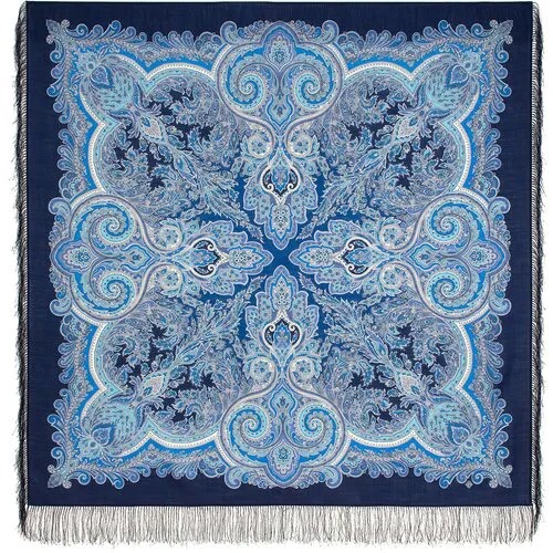 Платок Павловопосадская платочная мануфактура,146х146 см, синий, белый