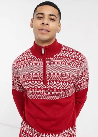 Красный джемпер с новогодним узором «Фэйр-Айл» и с короткой молнией Threadbare