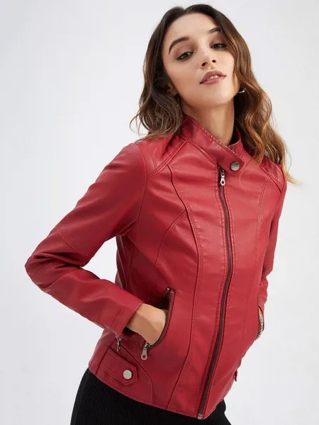 Milanoo Motorcycle Jacket For Women Red Stand Collar Long Sleeves PU Leather Wind Proof Short Jacket