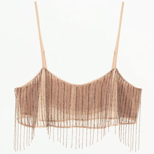Топ Zara Crepe With Fringing And Beads, розовато-бежевый