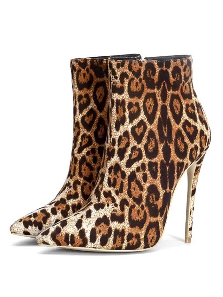 Milanoo Women Ankle Boots Pointed Toe Leopard Print Stiletto Heel Micro Suede Upper High Heel Bootie