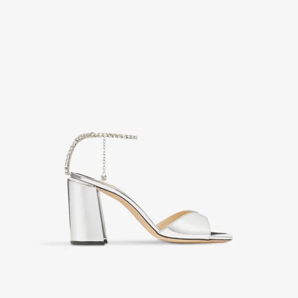 Босоножки Saeda 85 из металлизированной кожи на каблуке, украшенные кристаллами Jimmy Choo, серебряный