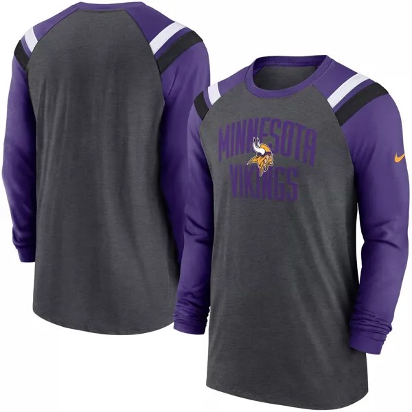 Мужская темно-серая/фиолетовая модная спортивная футболка Minnesota Vikings Tri-Blend реглан с длинными рукавами Nike