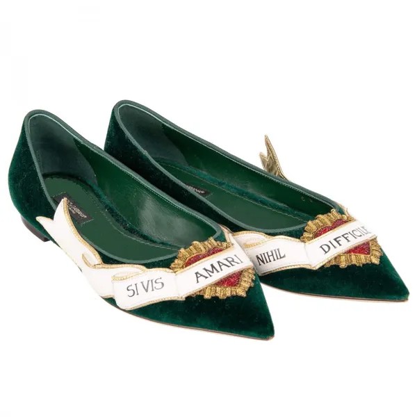Dolce - Gabbana Бархатные балетки Bellucci с вышивкой Sacred Heart Зеленые