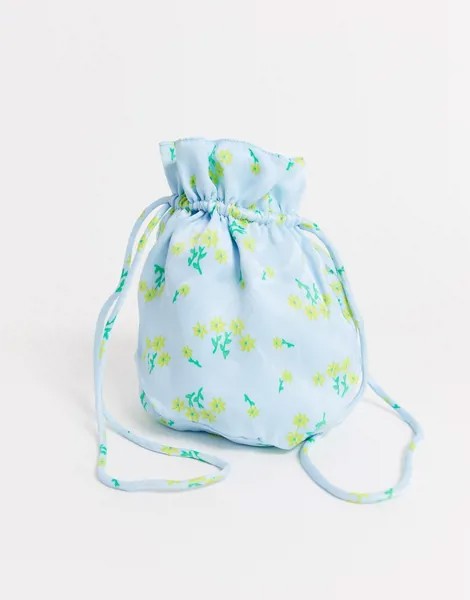 Атласная сумочка с цветочным принтом на затягивающемся шнурке Faithfull-Синий