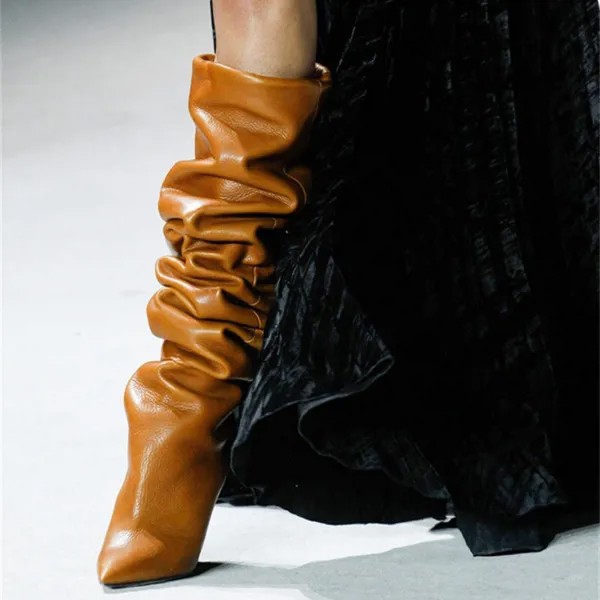 Женские Плиссированные ботфорты, зимние сапоги выше колена с острым носком, на высоком каблуке
