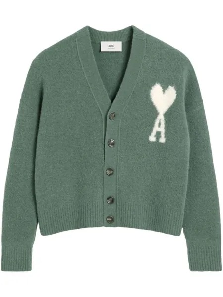 AMI Paris кардиган с монограммой Ami de Coeur, зеленый