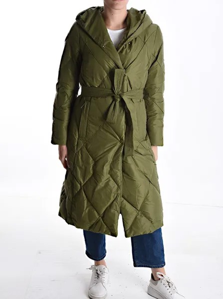 Куртка-пуховик с поясом на пуговицах, с капюшоном и карманами, светло-оливковый