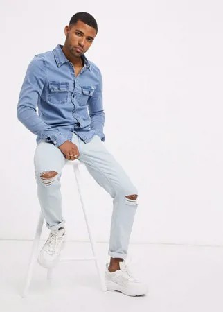 Синяя обтягивающая джинсовая рубашка Liquor N Poker-Голубой