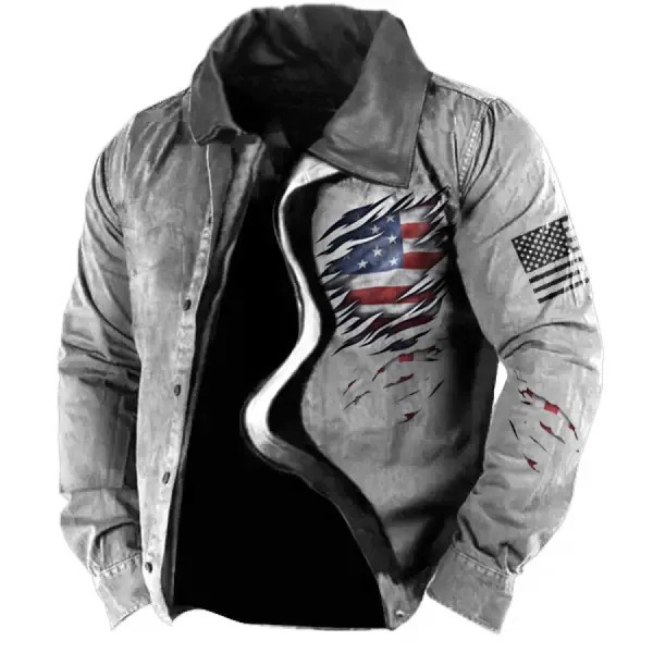 Мужская винтажная тактическая куртка с кожаным воротником и принтом американского флага