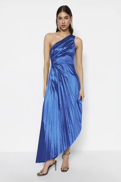 Асимметричное вязаное плиссированное элегантное вечернее платье Saks из атласа Trendyol, темно-синий