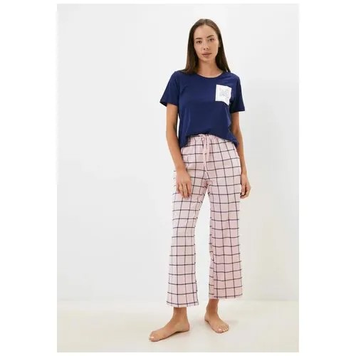 Пижама Indefini, брюки, футболка, короткий рукав, размер L, синий, розовый