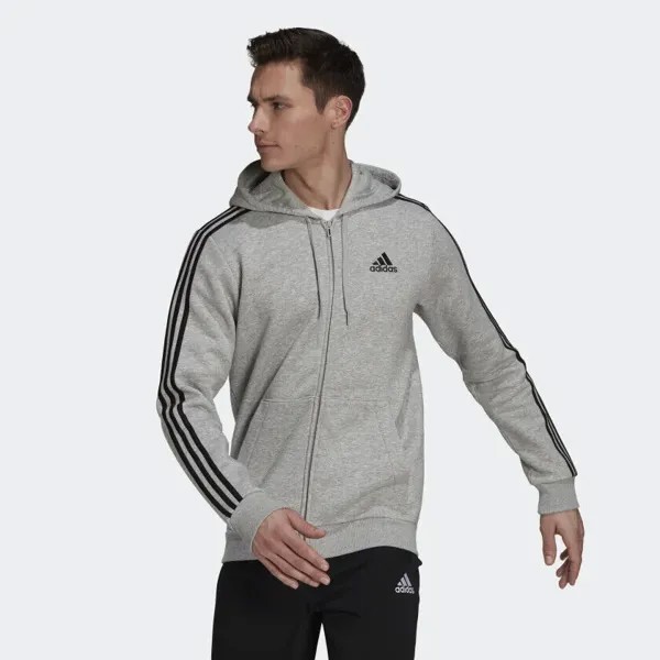 Adidas Men Fleece 3 Stripes Full Zip Hoodie Medium Grey Heather HB0041