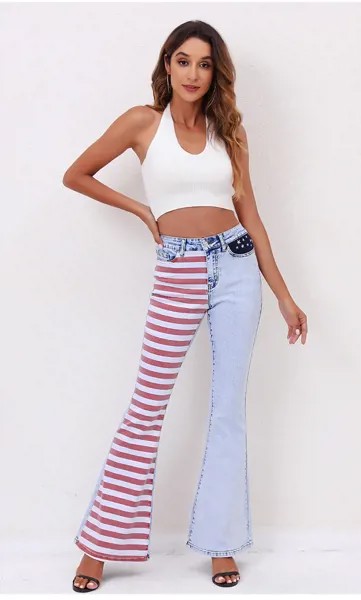 2022 осенние женские джинсы в полоску, Цветные Лоскутные расклешенные брюки в американском стиле, Длинные повседневные облегающие зимние жен...