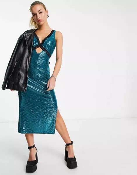 Платье миди с металлизированными пайетками и контрастной кружевной отделкой Flounce London
