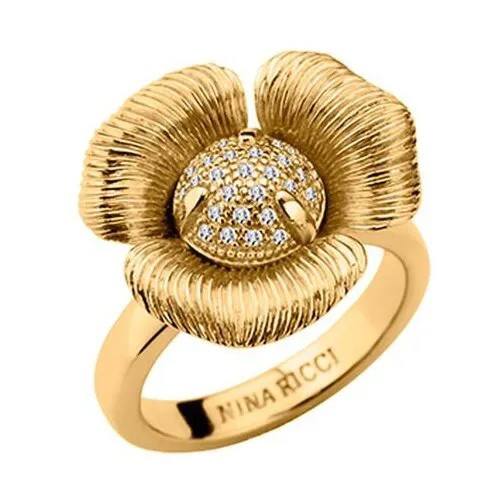 Кольцо NINA RICCI, нержавеющая сталь, золочение, циркон, размер 17.8, золотой