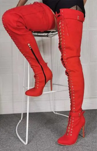Женские красные замшевые сапоги-гладиаторы, ажурные Сапоги выше колена на шнуровке с круглым носком, эластичные сапоги с пряжкой, ботфорты