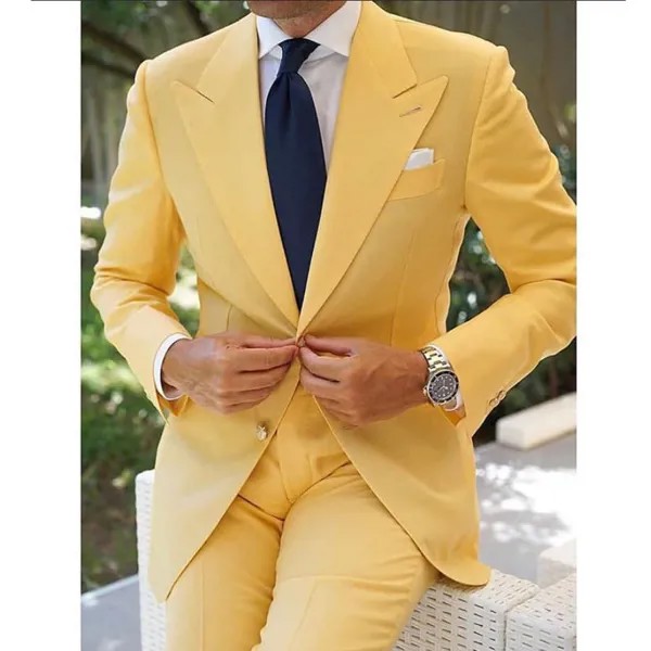 Повседневные мужские костюмы 2 шт., смокинг жениха для свадьбы, Модный деловой блейзер с брюками, желтого цвета, новейший дизайн