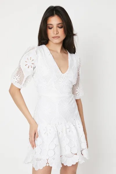 Кружевное мини-платье с V-образным вырезом Dorothy Perkins, белый