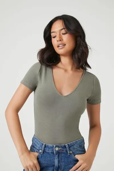 Боди из хлопковой смеси с V-образным вырезом Forever 21, оливковый
