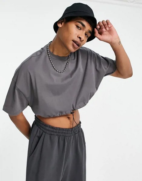 Черная плотная укороченная футболка с пуговицами «моржовый клык» ASOS DESIGN-Черный