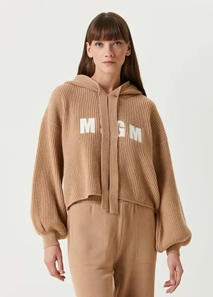 Шерстяной свитер с капюшоном и логотипом Msgm, коричневый