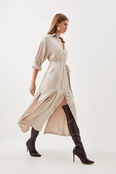 Платье-рубашка мидакси с длинными рукавами и поясом премиум-класса из вискозного атласа Karen Millen, серебро