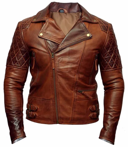 Мужская байкерская классическая ромбовидная мотоциклетная коричневая винтажная кожаная куртка с эффектом потертости