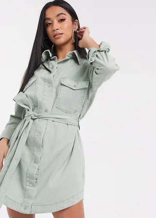 Шалфейно-зеленое джинсовое платье-рубашка в стиле oversized с поясом Missguided Petite-Зеленый