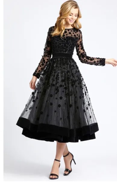 MAC DUGGAL 67007D Роскошное бархатное прозрачное чайное платье с длинными рукавами и черным цветочным 3D-принтом 6