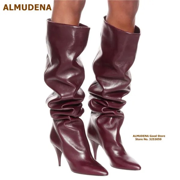 Пикантные Бордовые сапоги ALMUDENA на каблуке-шпильке, женские плиссированные сапоги до бедра с острым носком, длинные сапоги на неровном каблуке