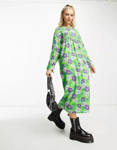 Свободное платье длиной до икры Native Youth с вырезом в форме облака и цветочным принтом зеленого и фиолетового цвета