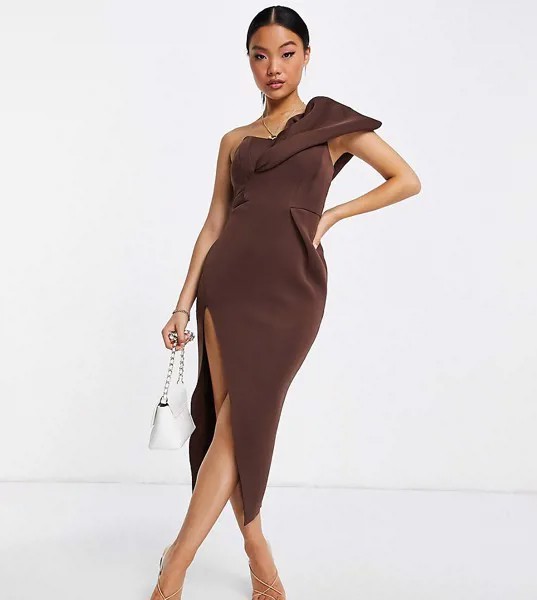 Платье миди на одно плечо шоколадного цвета со швами на лифе и разрезом до бедра ASOS DESIGN Petite-Разноцветный