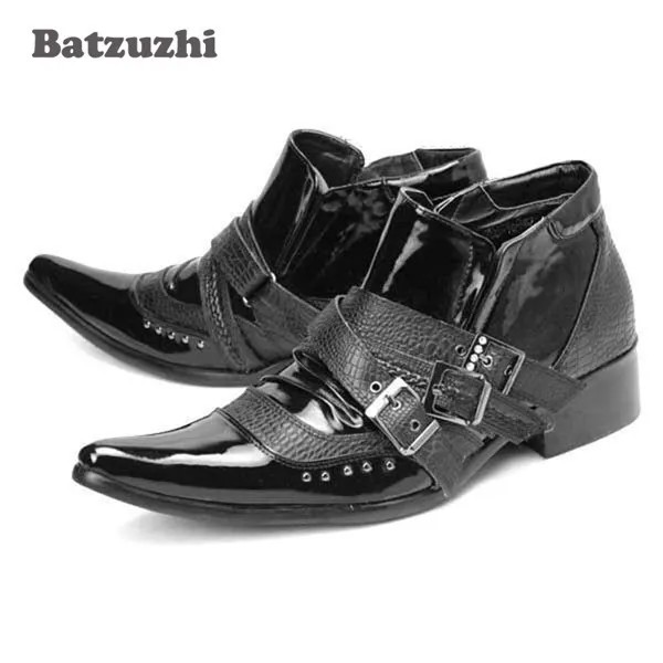 Batzuzhi Япония Горячие Продажи! Суперзведа, кожаные сапоги с острым носком, с заклепками, из гладкой кожи человека повседневное ботинки черного цвета большой размер 44, 45