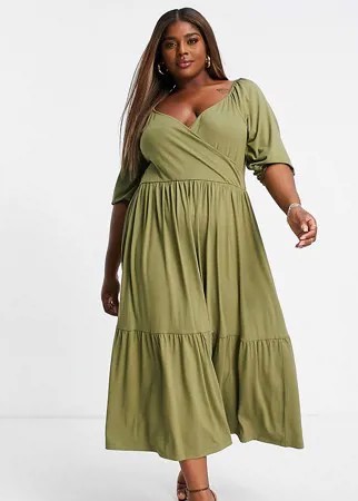 Трикотажное свободное платье миди с запахом ASOS DESIGN Curve-Зеленый цвет