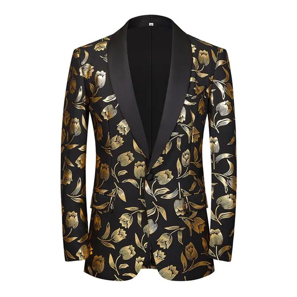 Блестящие золотые бронзовые Цветочные смокинговые блейзеры, Мужская шаль, отворот, одна пуговица, приталенный костюм, куртка, мужской костю...