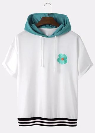 Дизайнерская мужская футболка с капюшоном и вышивкой цветов в стиле пэчворк в рубчик по краю
