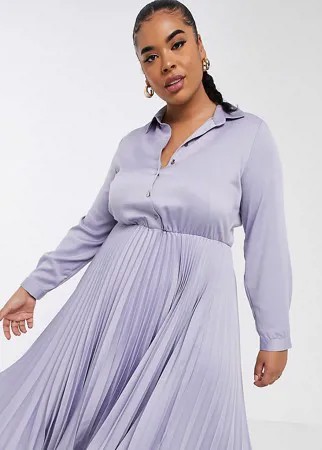 Сиреневое платье-рубашка миди с плиссированной юбкой Closet London Plus-Фиолетовый цвет