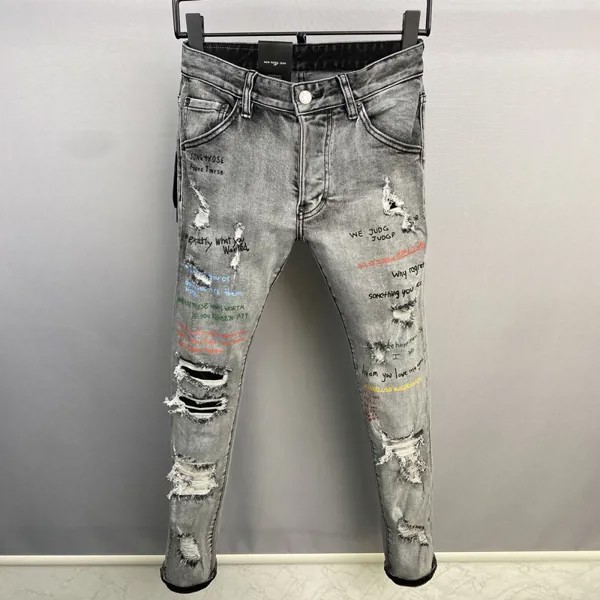 Уличные модные мужские джинсы в стиле ретро, серые тянущиеся зауженные рваные джинсы, мужские брюки с дырками, дизайнерские Брендовые брюки с принтом в стиле хип-хоп