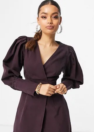 Платье мини сливового цвета из денима с запахом и пышными рукавами ASOS DESIGN Petite-Фиолетовый